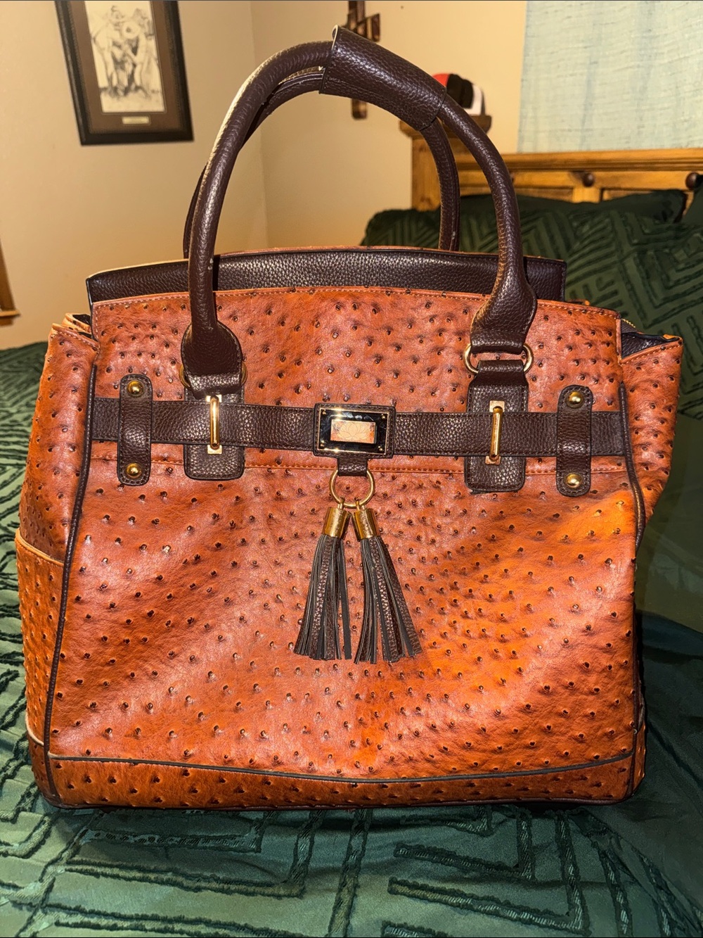 Structured Tan and Dark Brown Women's Tote with Tassel Accent